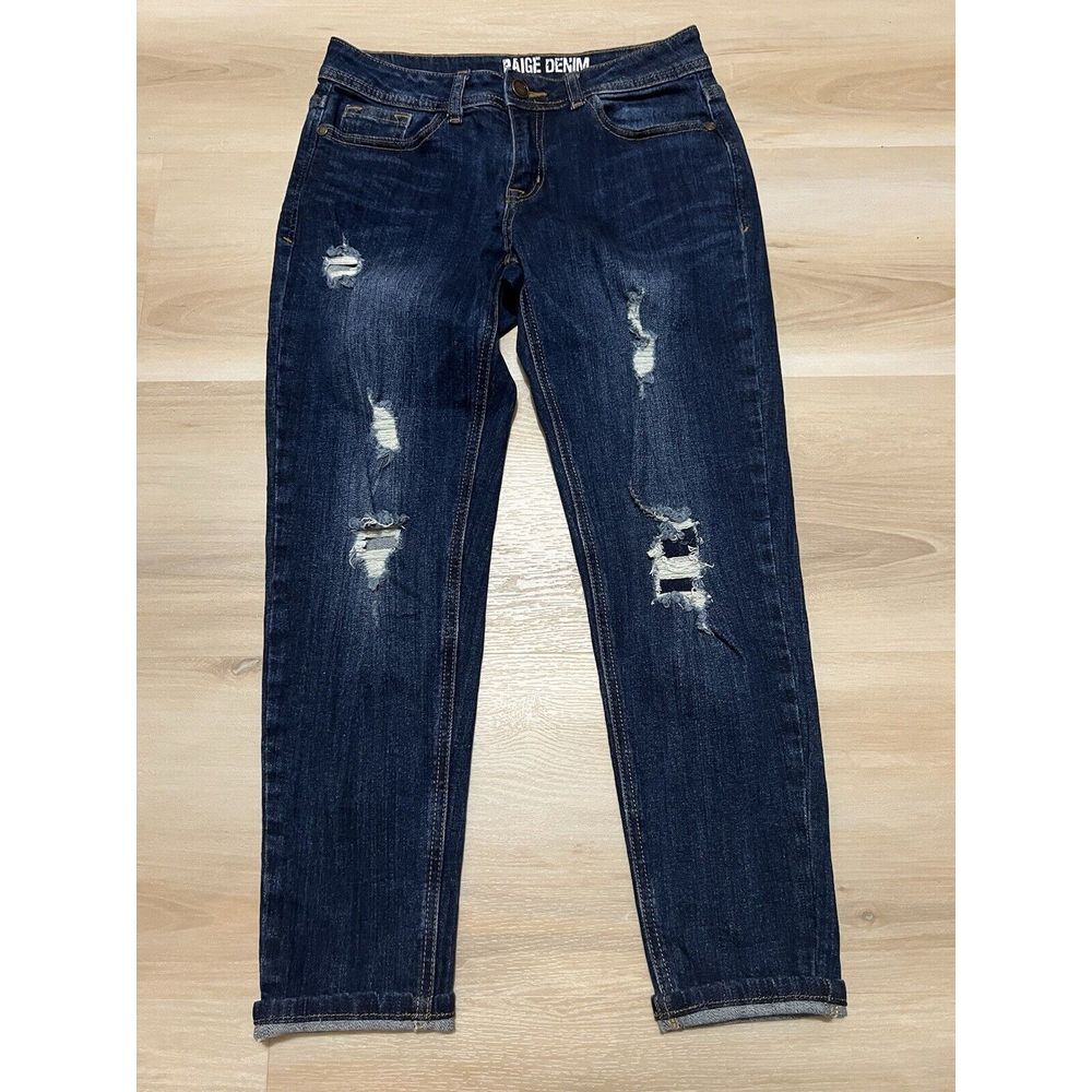 PAIGE Denim Women's Distressed Dark Wash Jeans - Navy Blue